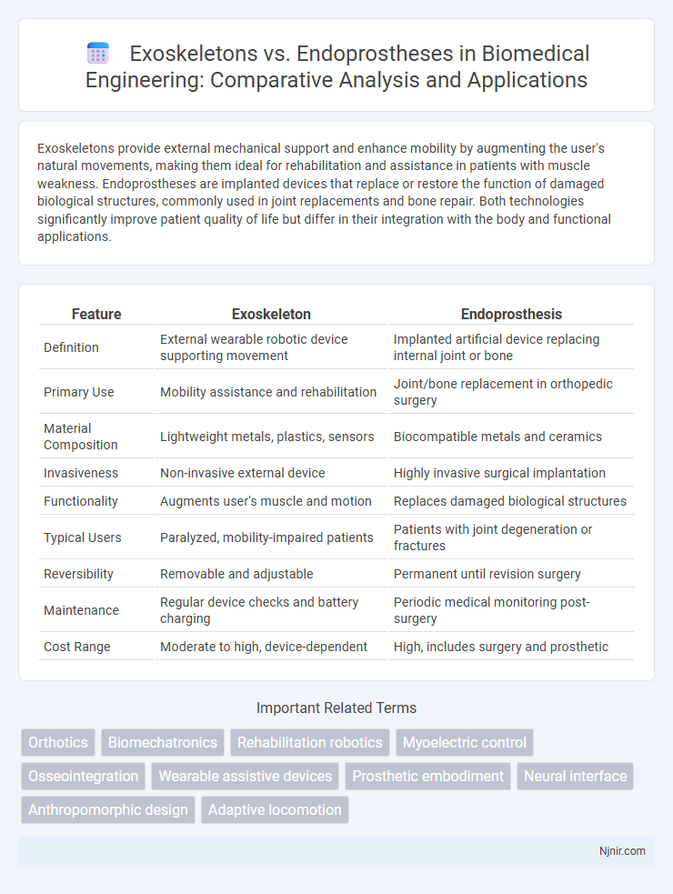 Exoskeletons vs. Endoprostheses in Biomedical Engineering: Comparative Analysis and Applications